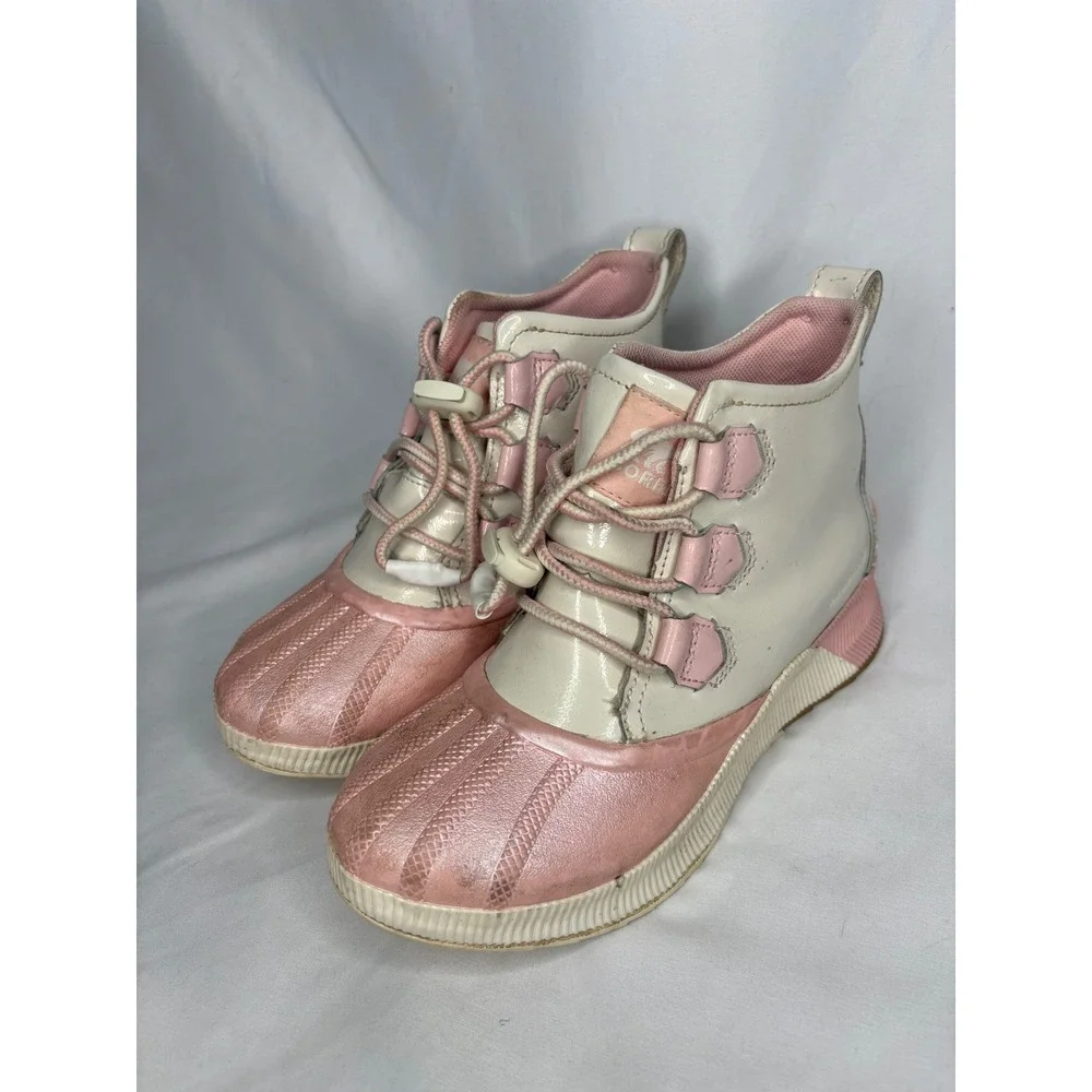 Sorel Out N About Kid 4 Waterproof Duck Boots Cream Metallic Pink Leather Rubber